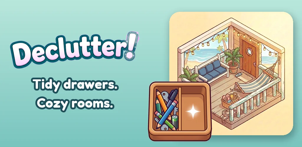 Declutter! store art: the game's logo with the line Tidy drawers. Cozy rooms., beside a drawer of pens and a cozy porch.