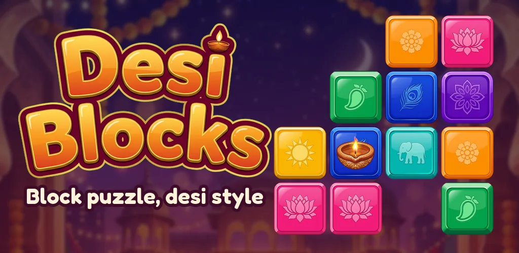 Desi Blocks store art: the game's logo with the line Block puzzle, desi style, beside a grid of jewel-coloured tiles.