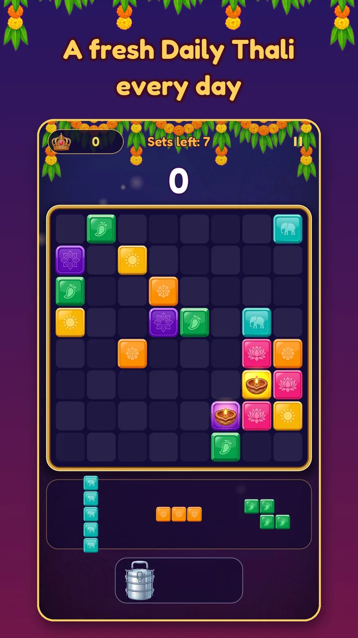 The Daily Thali puzzle with seven sets left, captioned "A fresh Daily Thali every day".