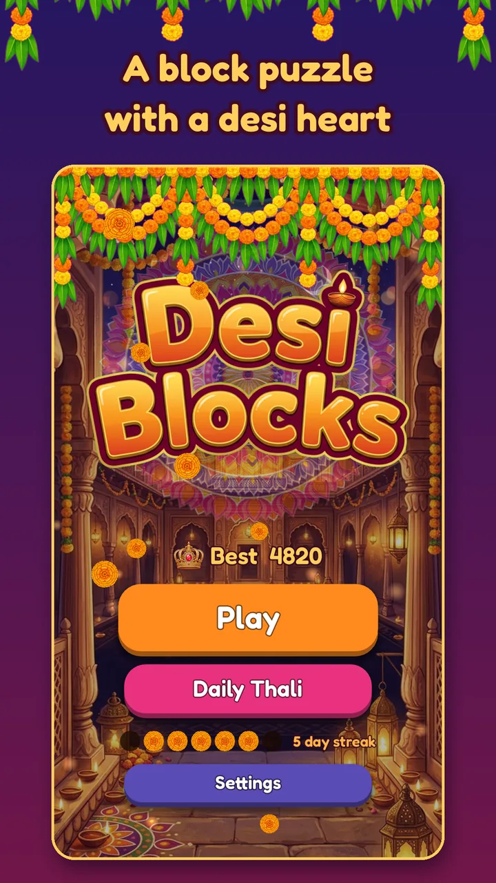The Desi Blocks home screen in a lamp-lit haveli under a marigold garland, with Play, Daily Thali and Settings buttons and a five day streak.