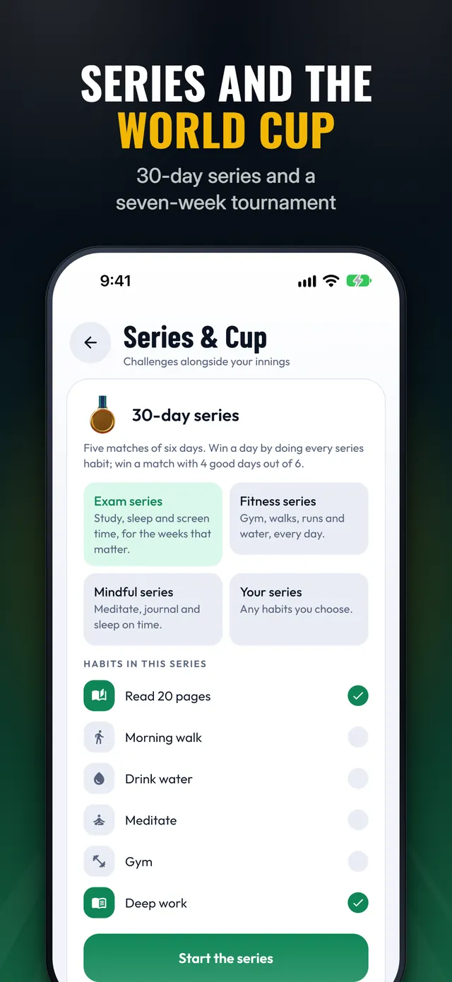 The Series and Cup screen, headed Series and the World Cup: a 30-day series with exam, fitness, mindful or your own habits.