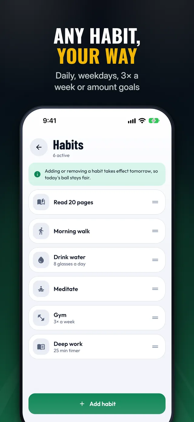 The habits list, headed Any habit, your way: read 20 pages, morning walk, drink water 8 glasses a day, meditate, gym three times a week and 25 minutes of deep work.