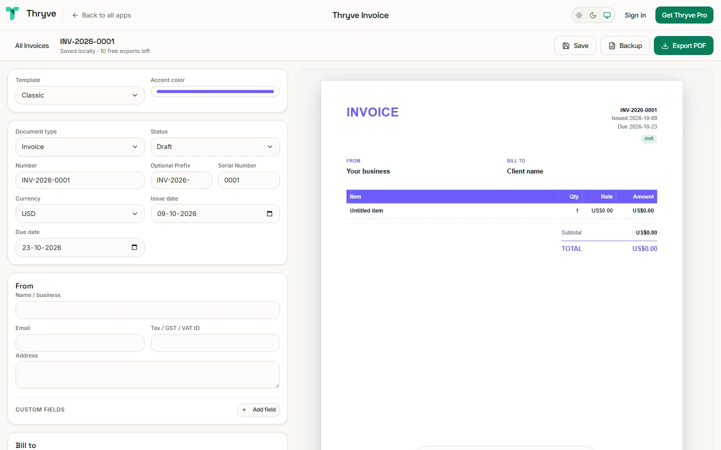 Thryve Invoice with the invoice form on one side and a live preview of the page on the other.