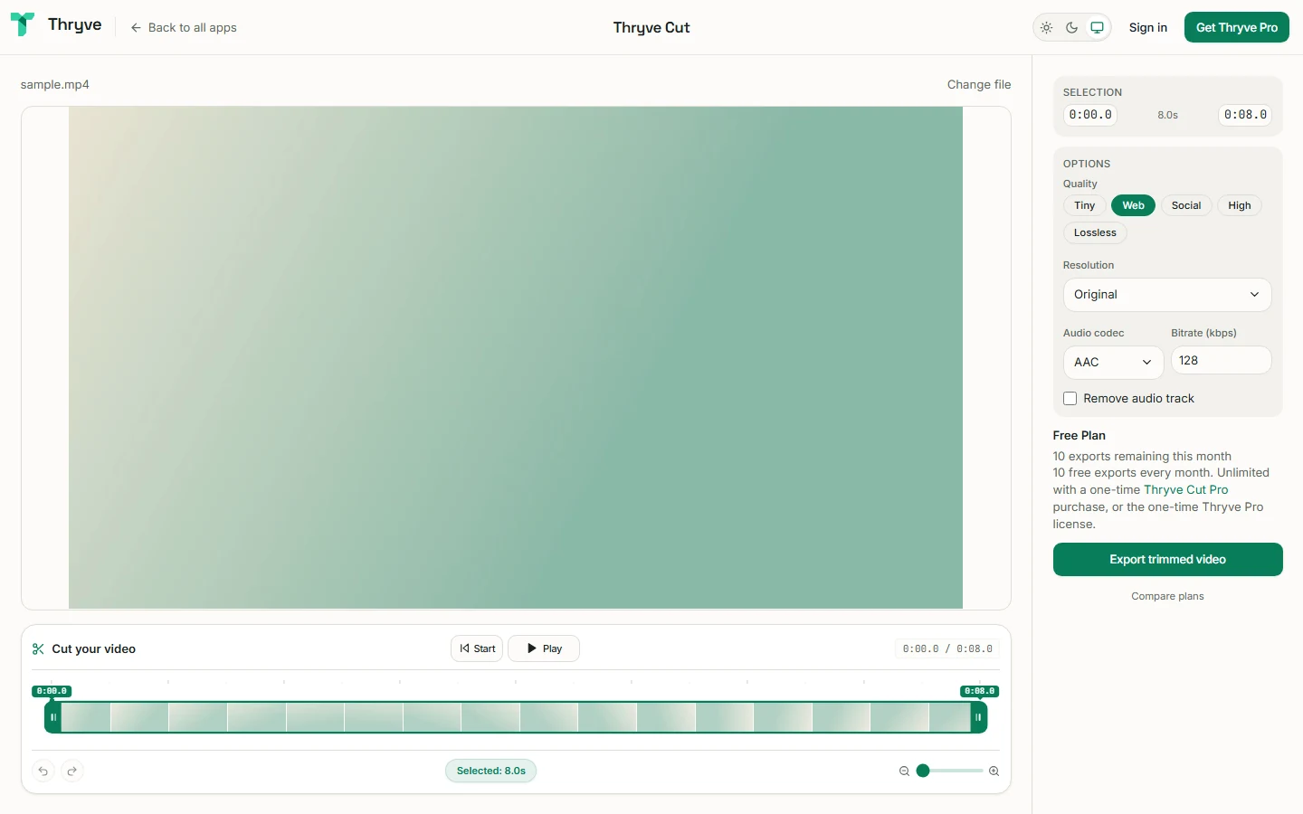 Thryve Media with a short clip open: the video above a timeline with trim handles, and export options beside it.