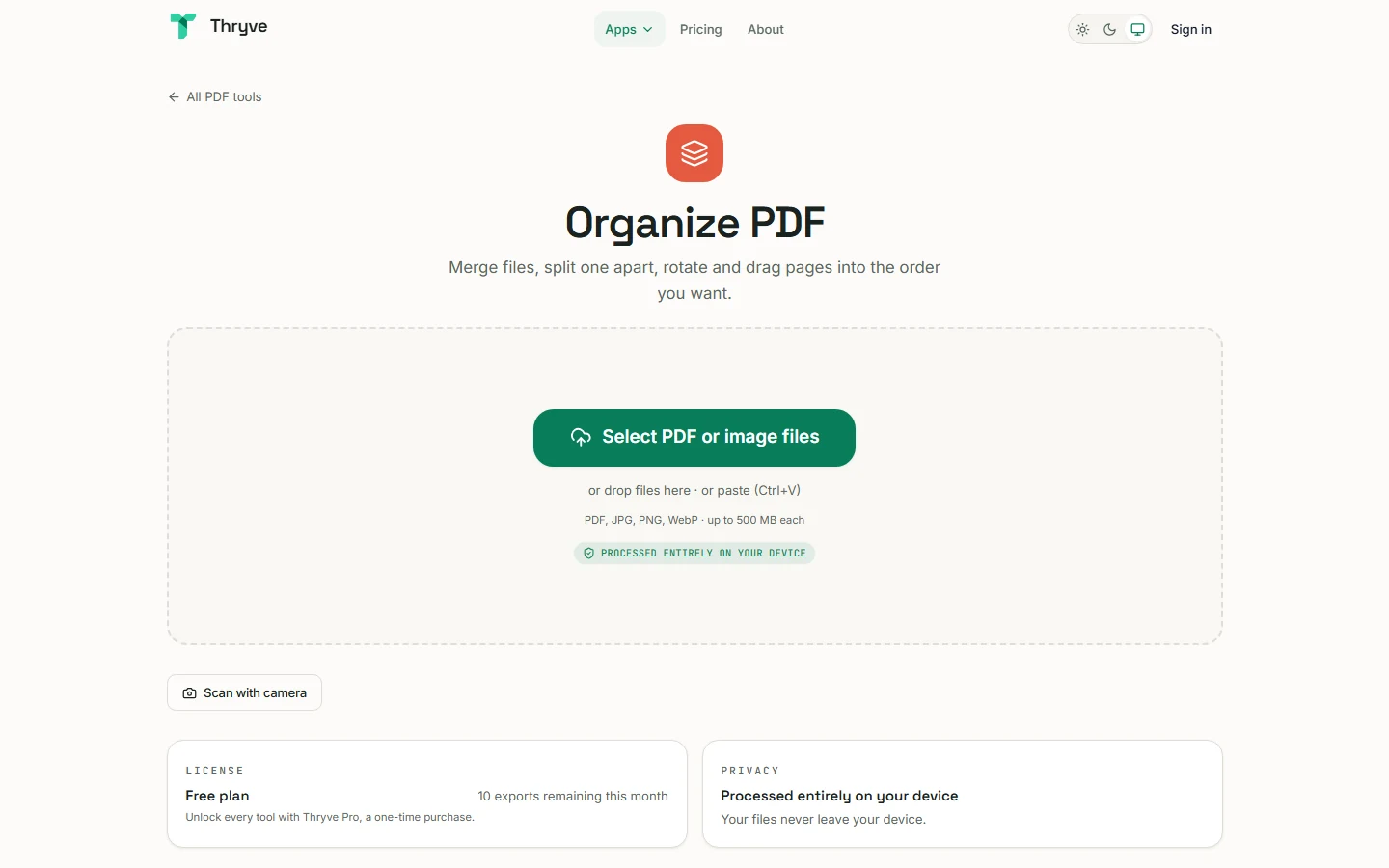 The Organize PDF page in Thryve PDF: a large area to drop a file into, with a button to select one.