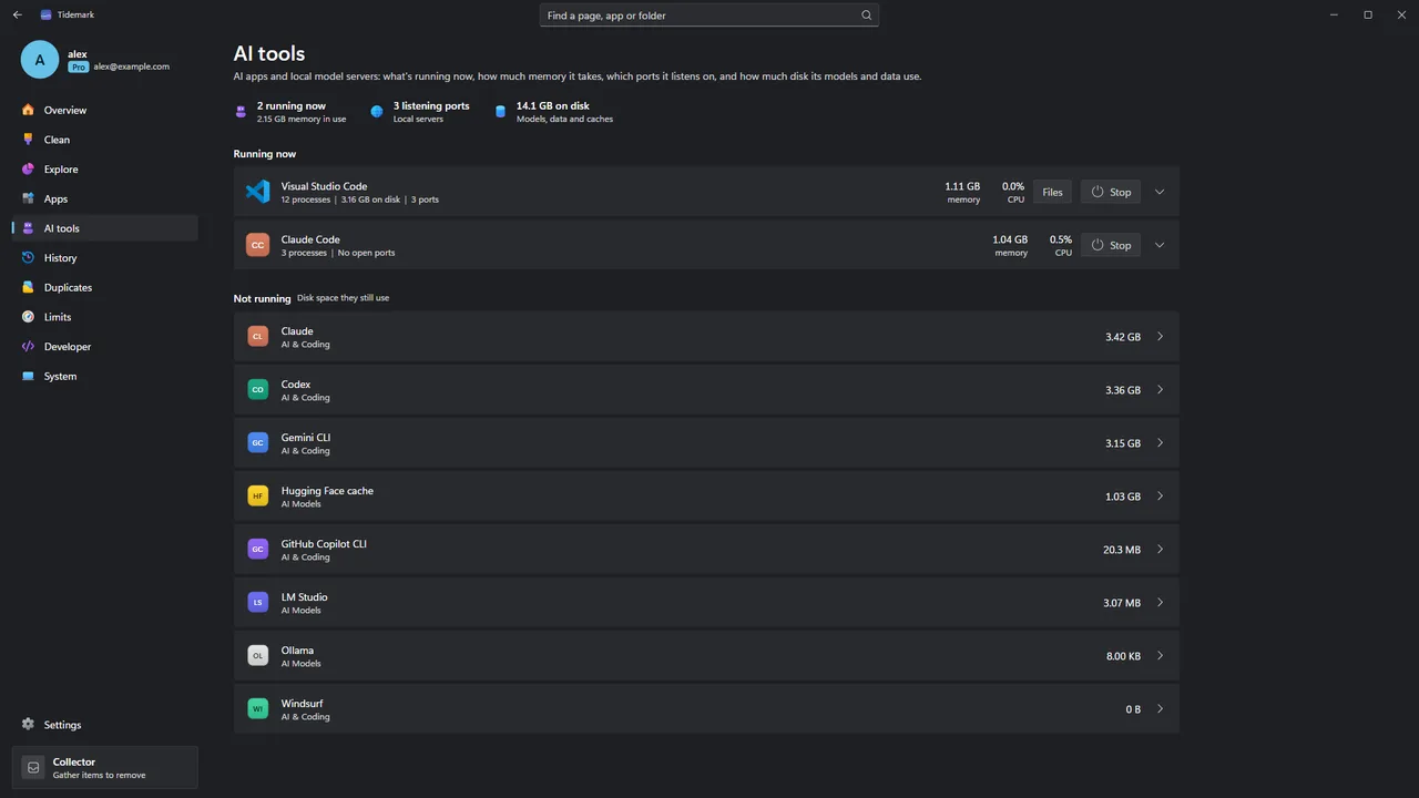 Tidemark AI tools: running AI apps and local model servers with memory, CPU and the ports they listen on.