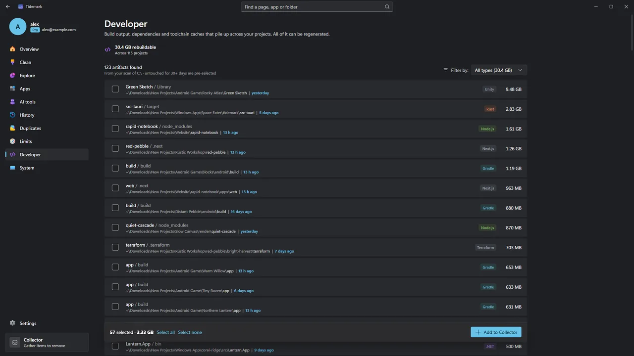 Tidemark Developer: build folders found next to projects, with their size and when each project was last worked on.