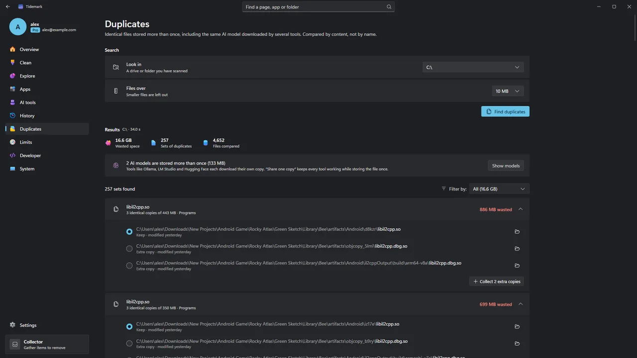 Tidemark Duplicates: groups of identical files with their sizes and locations.
