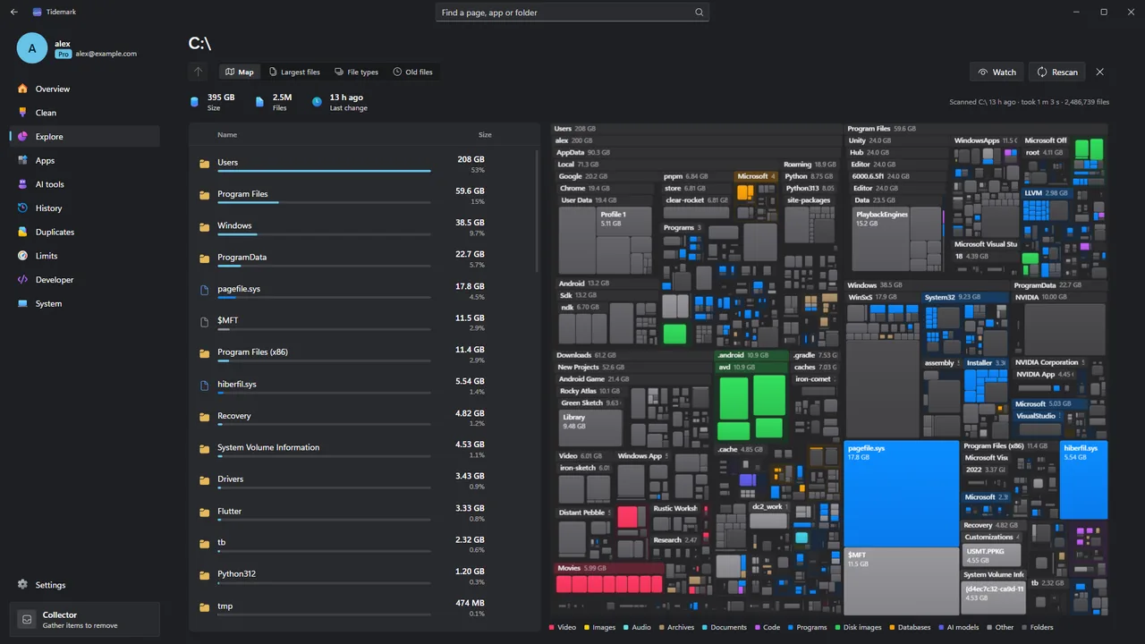 Tidemark Explore: a treemap of a drive beside a list of folders sorted by size.