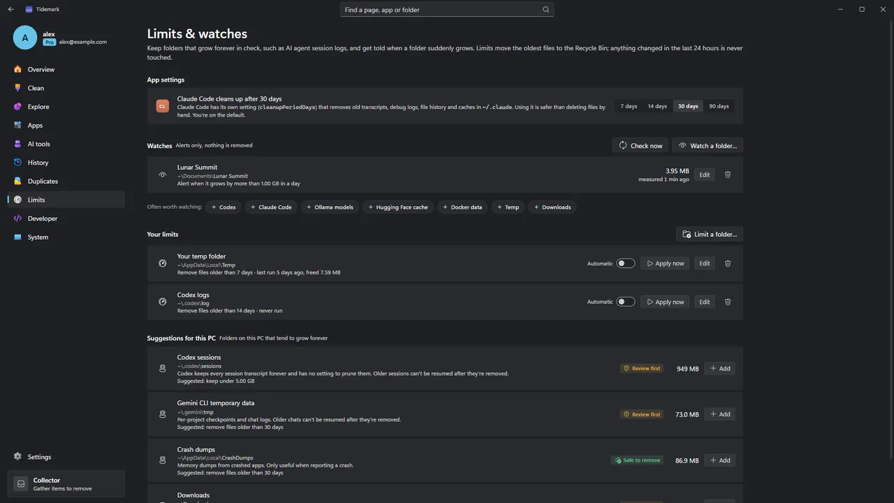 Tidemark Limits: size and age limits for folders such as temp files and AI agent session logs.