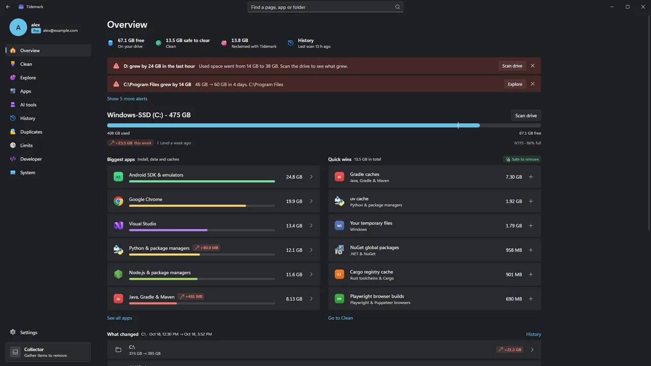 Tidemark Overview: drive C with 67.5 GB free, alerts that drive D grew by 24 GB in the last hour and Program Files by 14 GB, the biggest apps by size, quick wins worth 13.5 GB and what changed since the last snapshot.