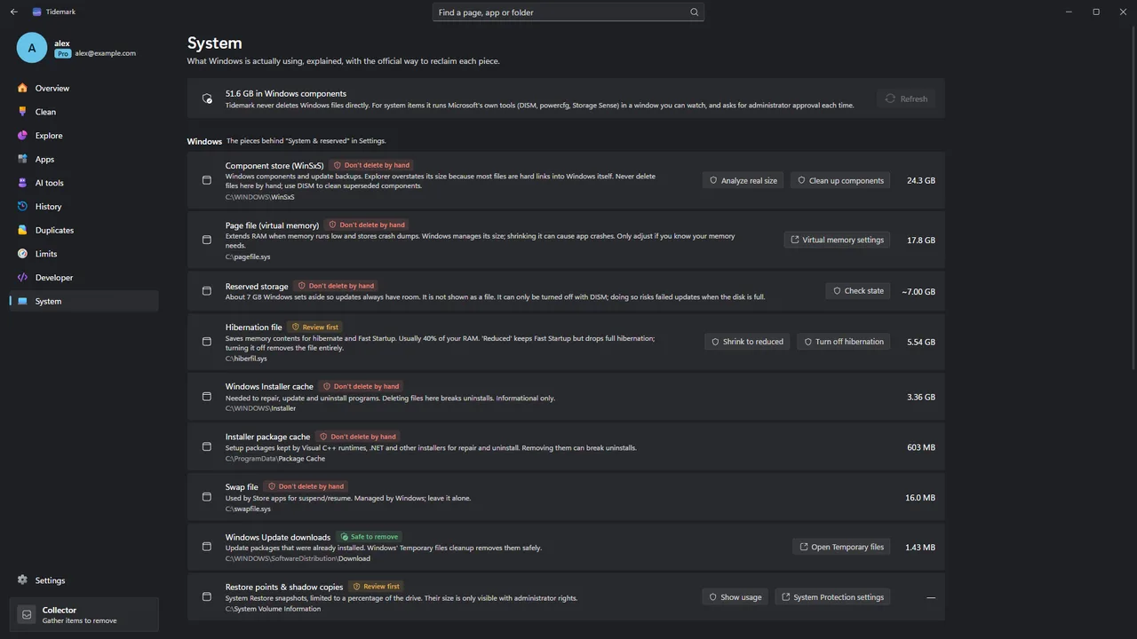 Tidemark System: the hibernation file, page file, WinSxS, update caches and restore points with their sizes and explanations.