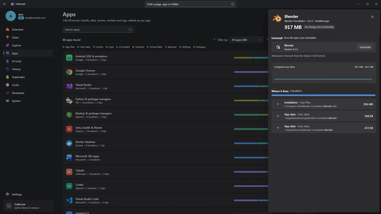 Tidemark Apps with Blender open: an Uninstall button that runs Blender’s own uninstaller, and the three places Blender keeps files, from Program Files to AppData.