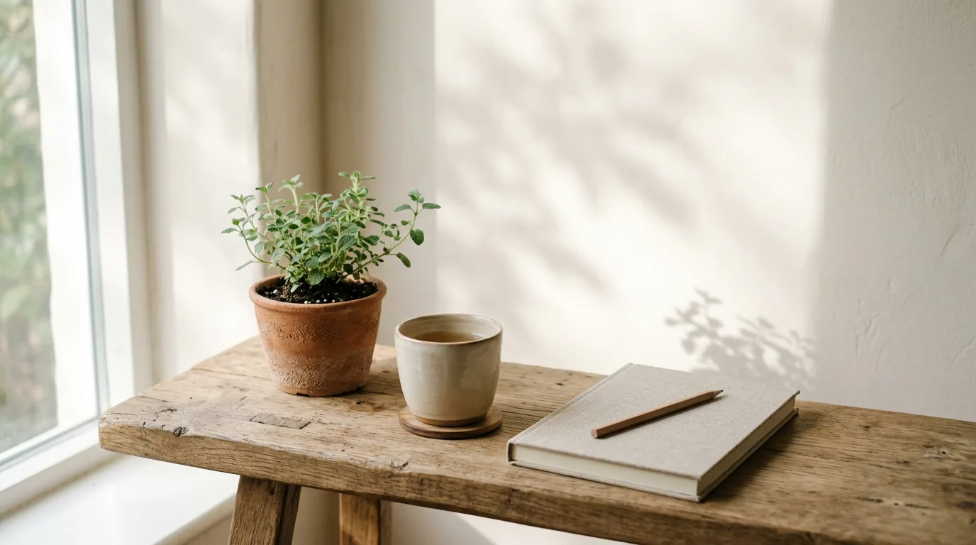 A sunlit wooden bench by a window with a potted plant, a ceramic cup and a notebook with a pencil on it.