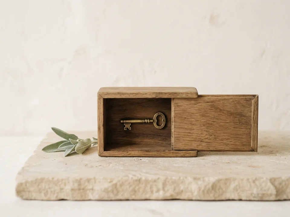 A small brass key inside an open wooden box with a sliding lid.