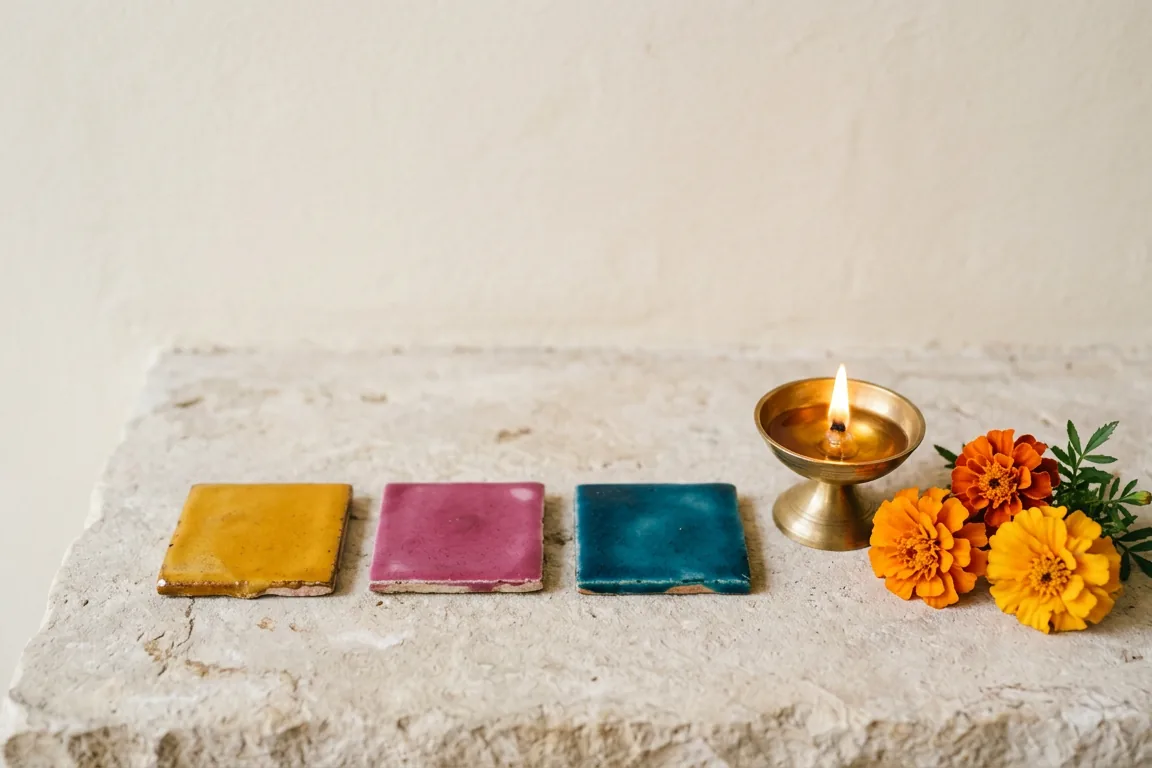 Three glazed tiles in saffron, magenta and peacock blue beside a lit brass oil lamp and marigold flowers on pale stone.