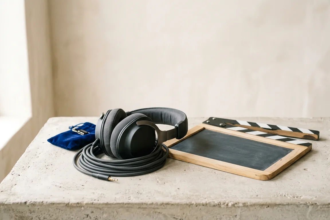 Headphones on a coil of cable beside a blank clapperboard and a blue cloth pouch on a concrete block.