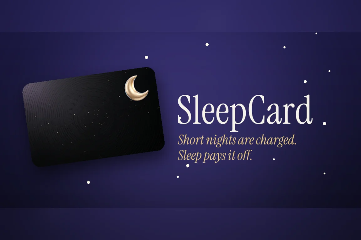 SleepCard store art: a black card with a gold crescent moon on a starry indigo background, beside the line Short nights are charged. Sleep pays it off.