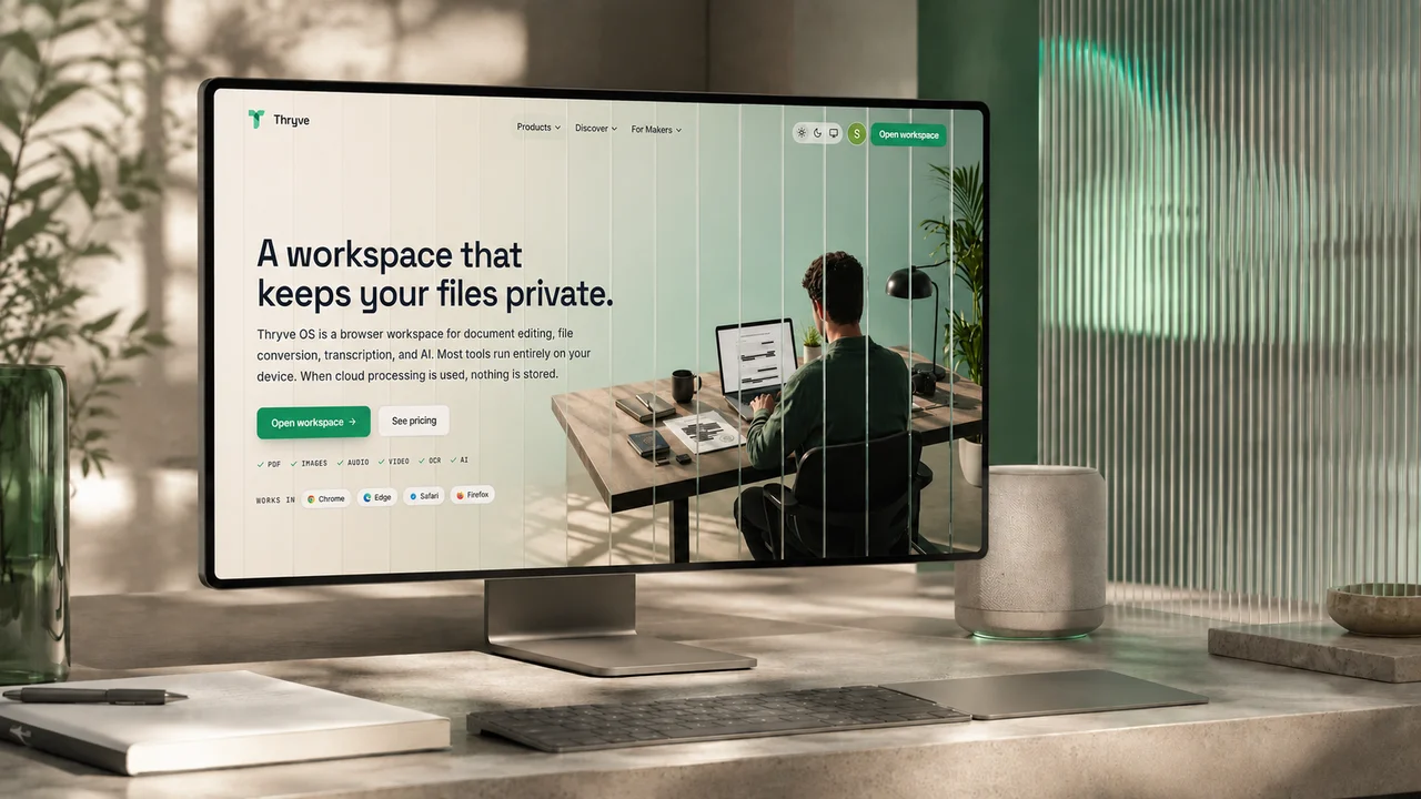 Thryve OS workspace displayed in a calm private studio behind fluted glass