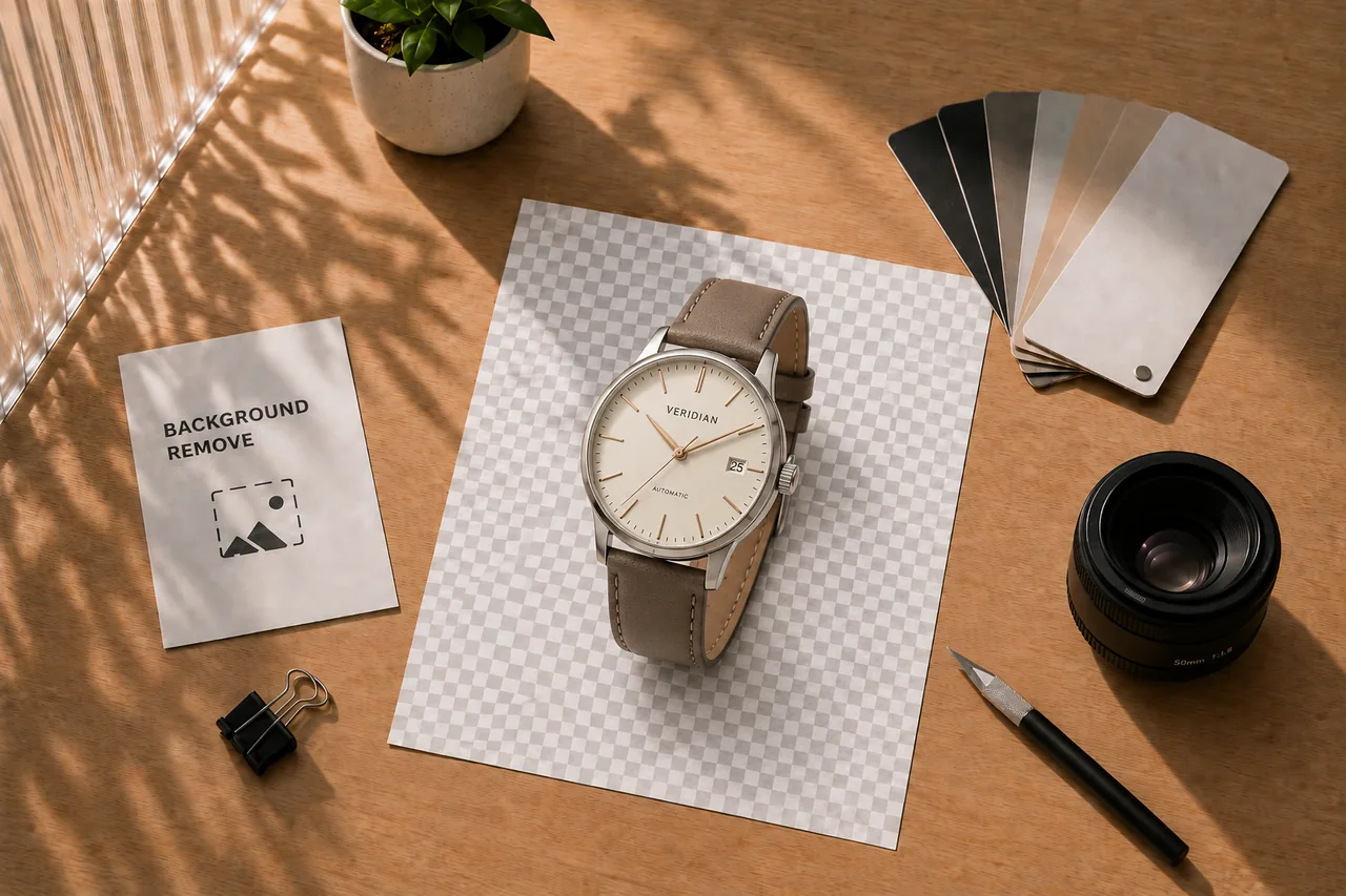Product photography and image-editing tools on a private desk