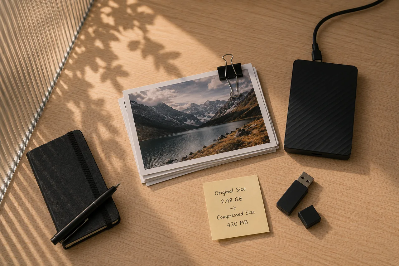 Camera, photo prints, and portable drive for compact media storage