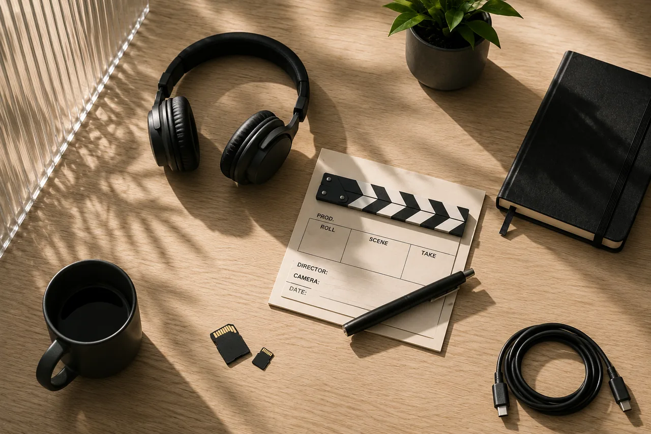 Headphones, clapboard, camera, and audio gear for local media editing