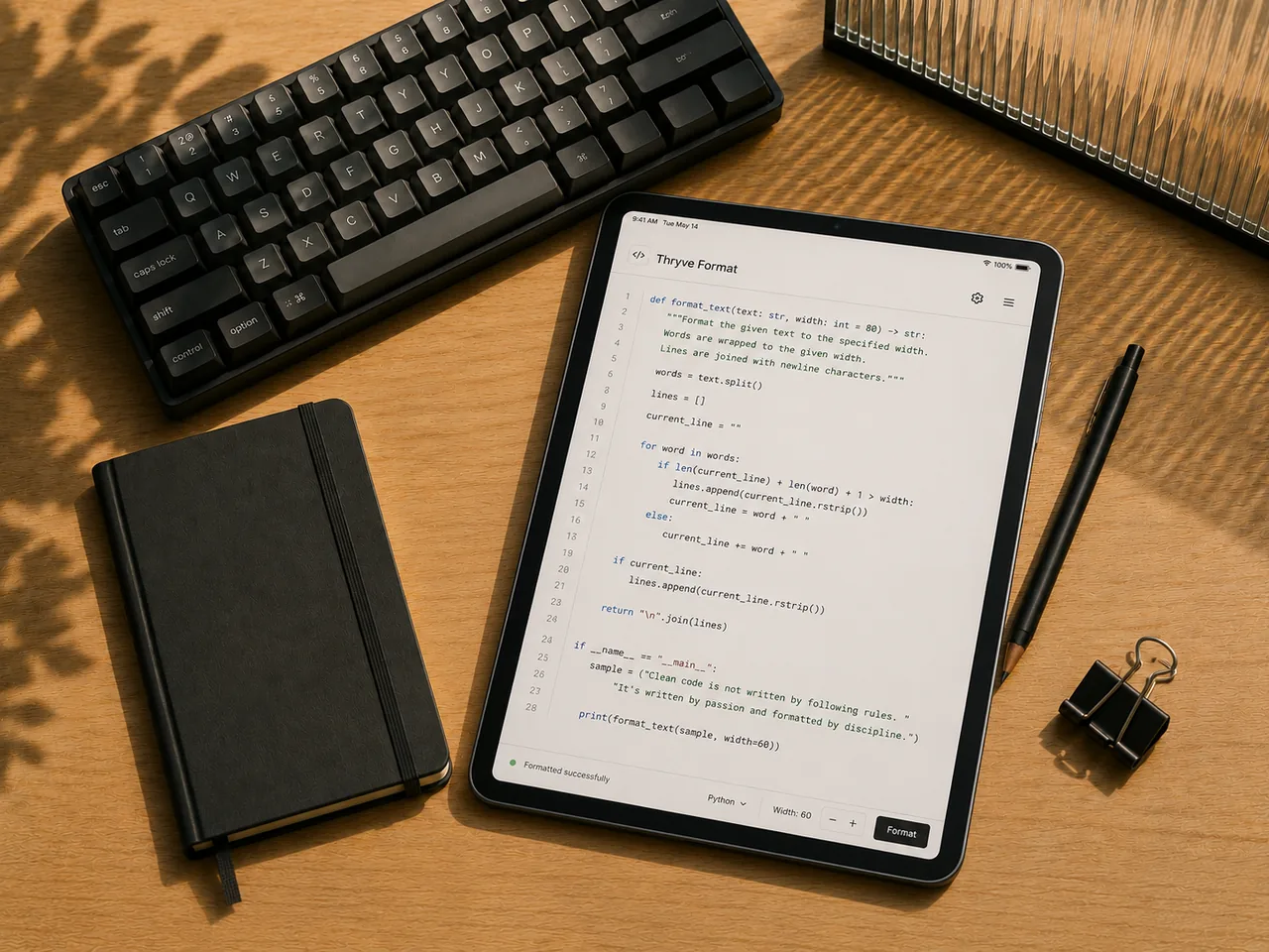 Code editor on a tablet beside a keyboard and notebook