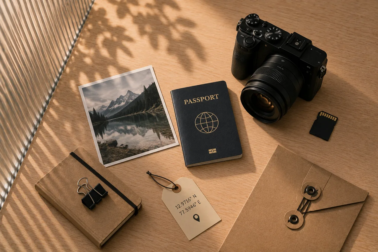 Camera, passport, photo, and memory card for metadata review