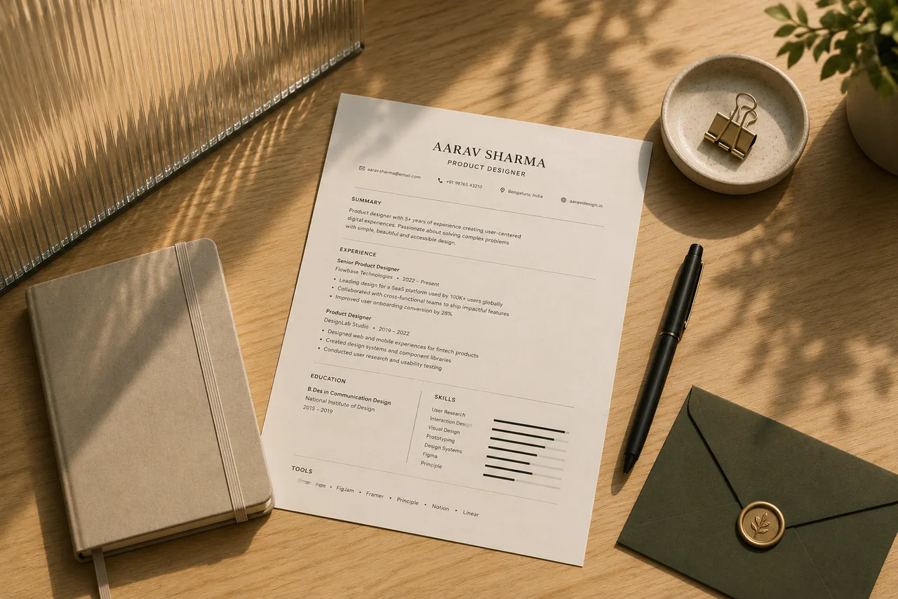 Structured resume with microphone and headphones on a private desk