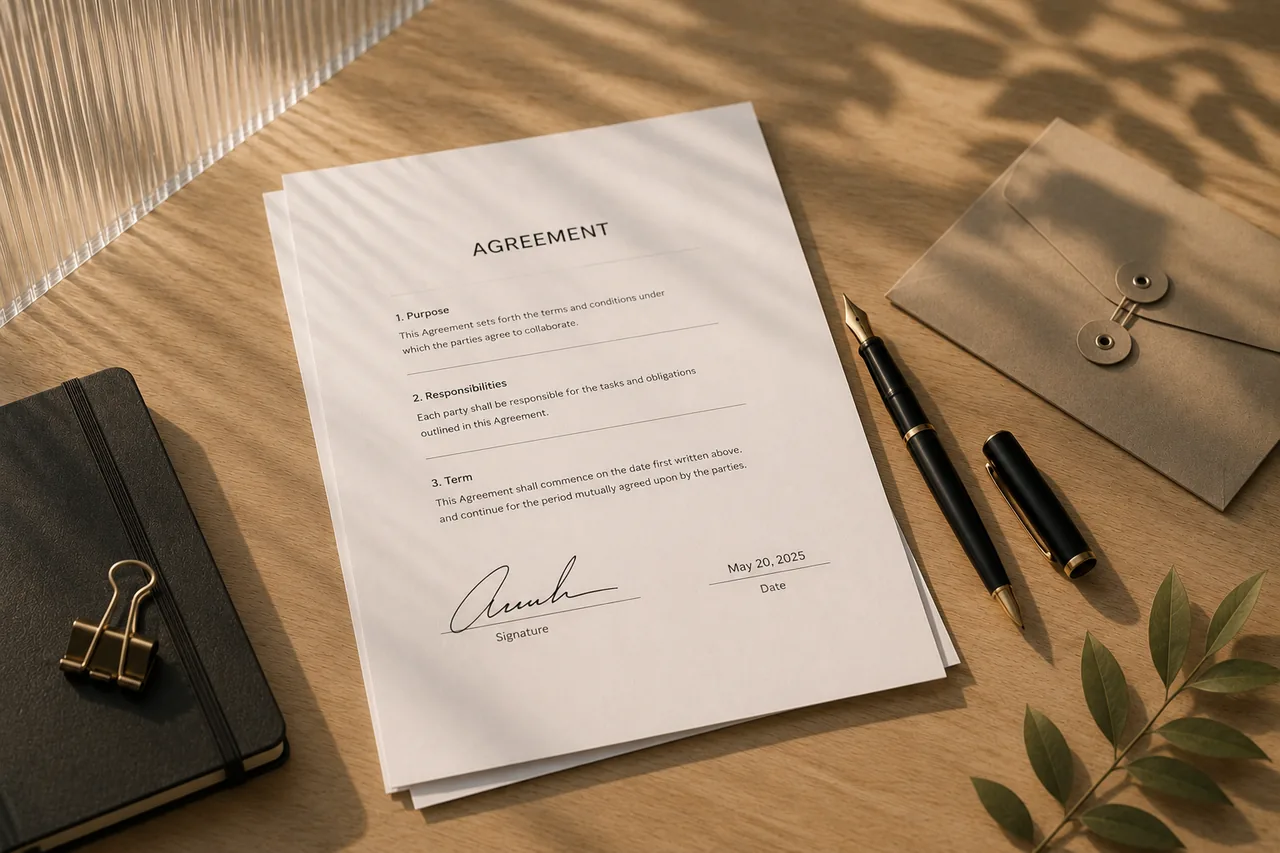 Signed agreement and stationery on a private desk