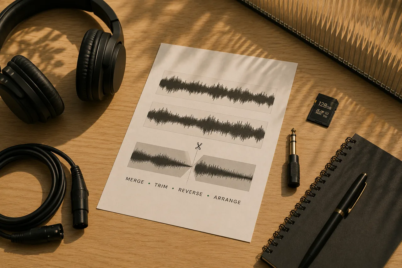 Waveform sheet and headphones for local audio and video splicing
