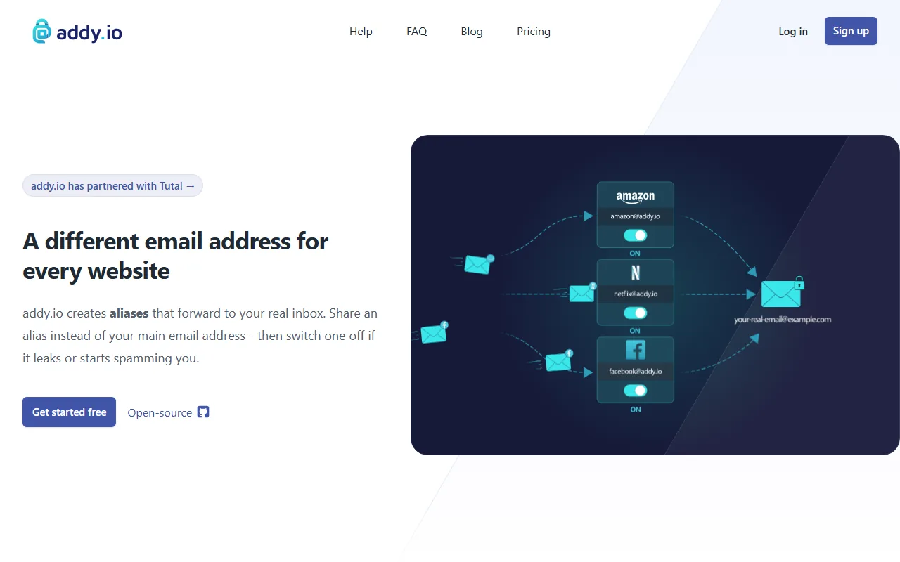 addy.io homepage showing anonymous email forwarding