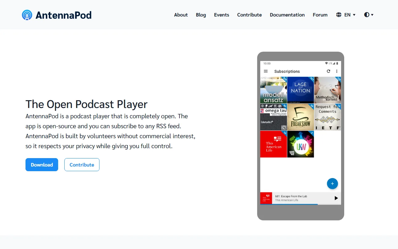 AntennaPod homepage showing open-source podcast player