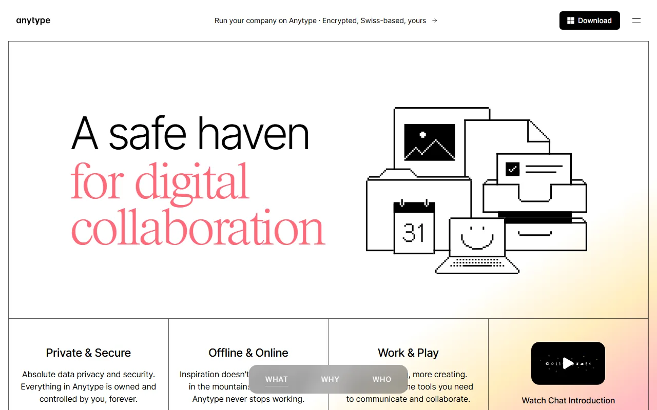 Anytype homepage showing local-first knowledge workspace