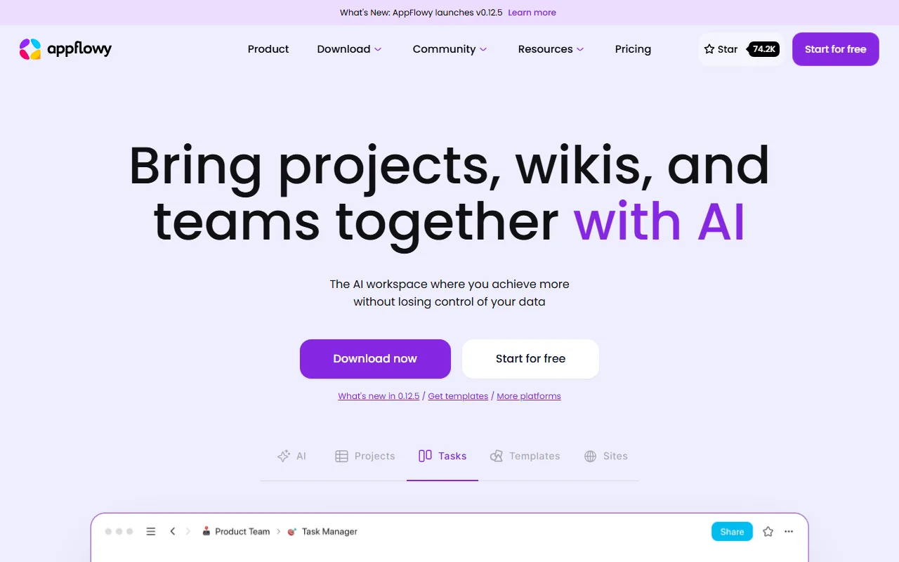 AppFlowy homepage showing open-source workspace