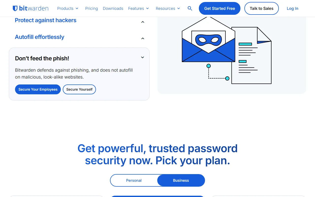 Bitwarden homepage showing password manager product
