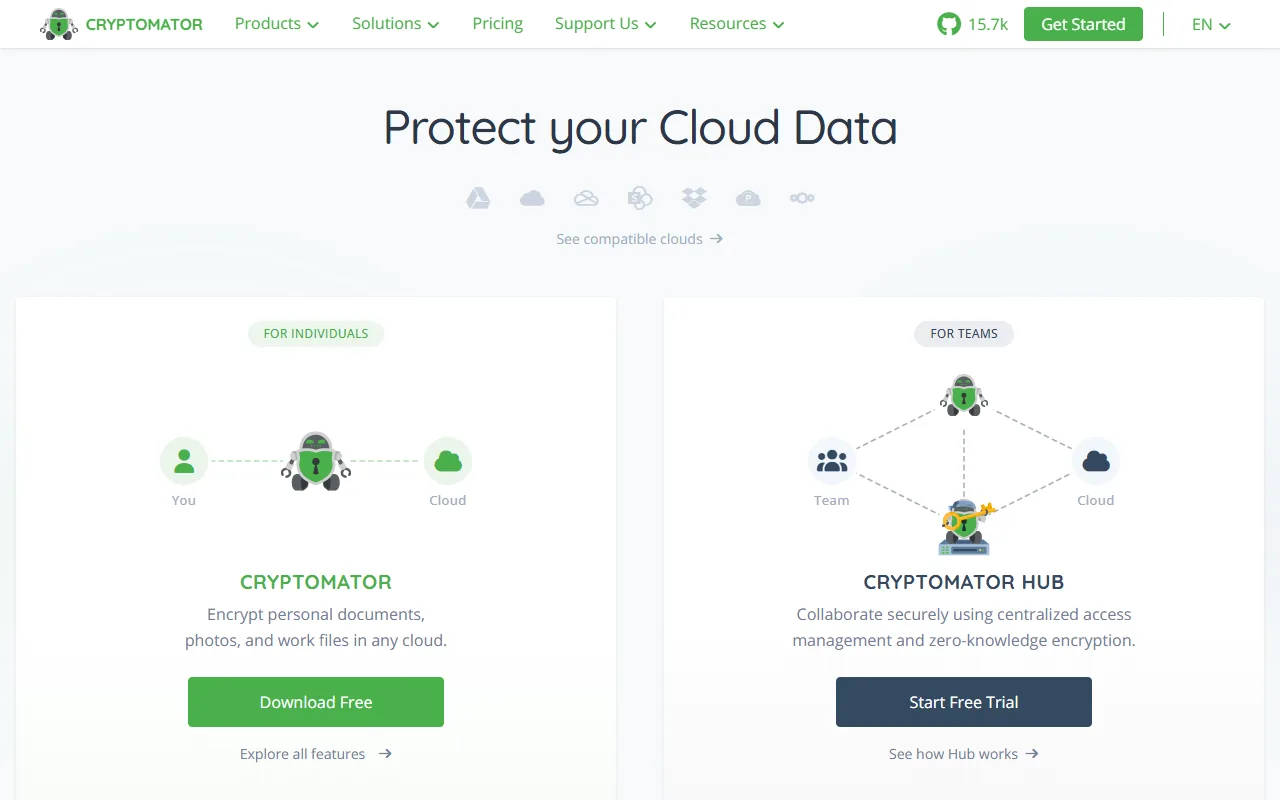 Cryptomator homepage showing encrypted cloud storage client
