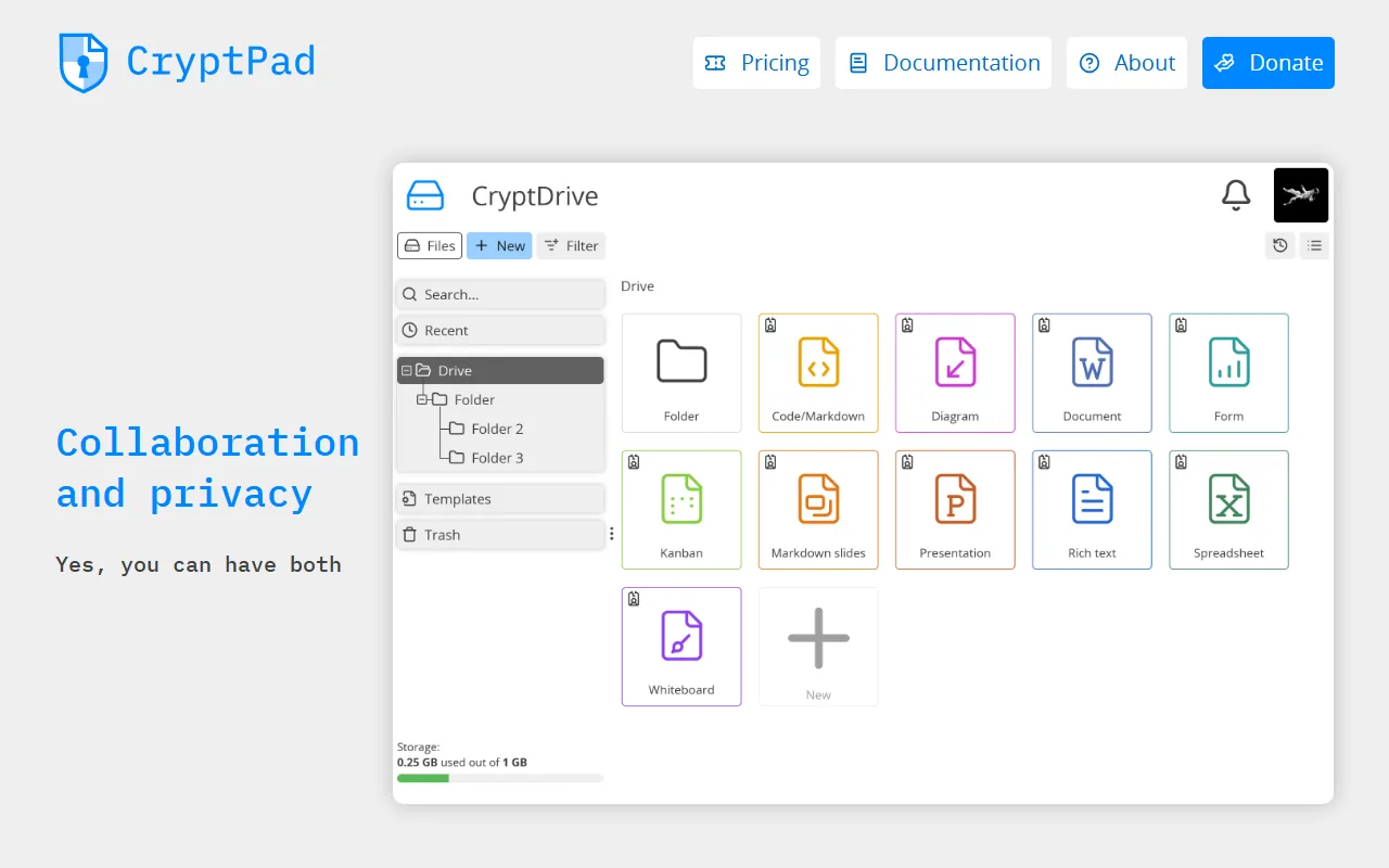 CryptPad homepage showing encrypted collaborative documents
