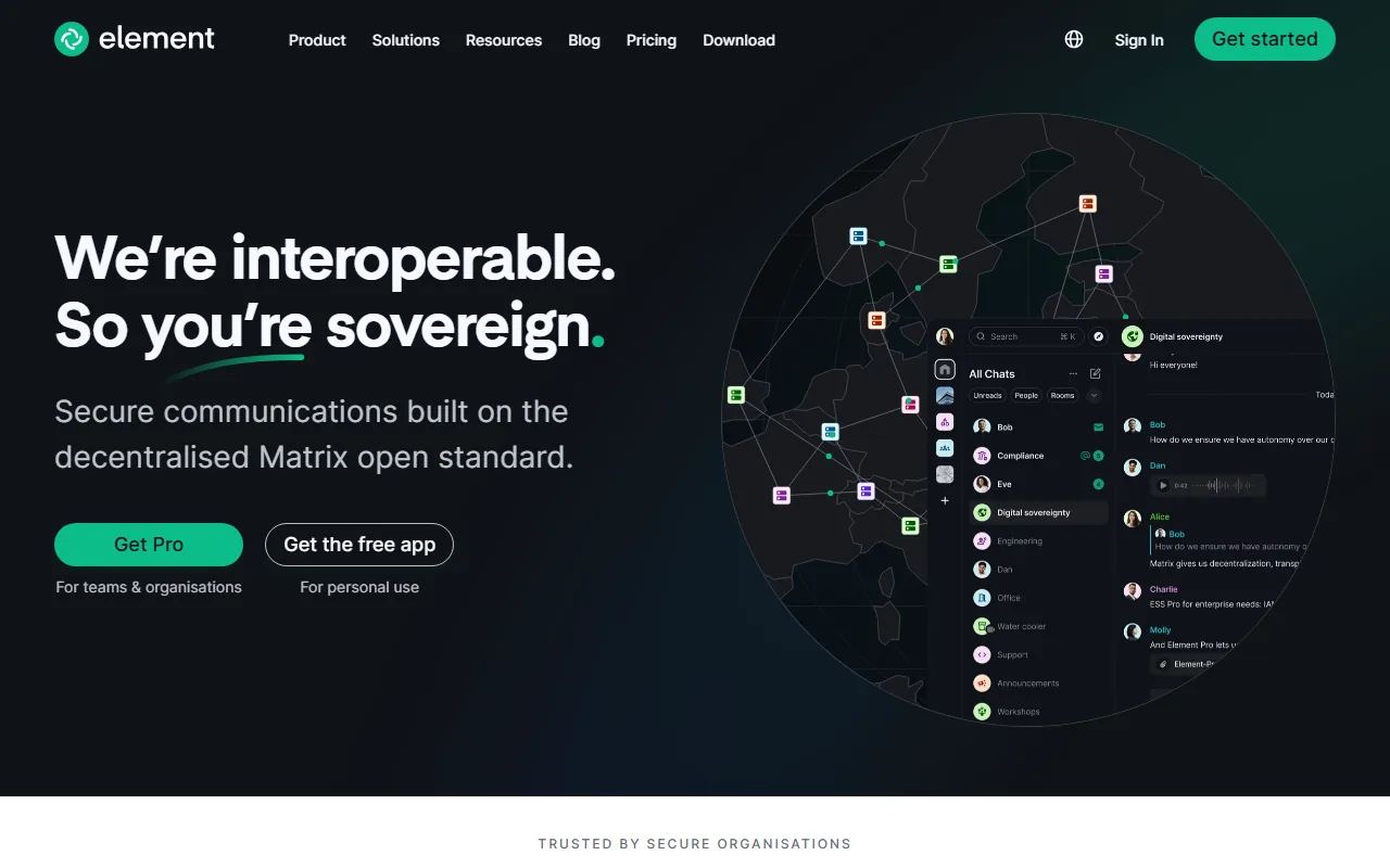 Element homepage showing Matrix messenger