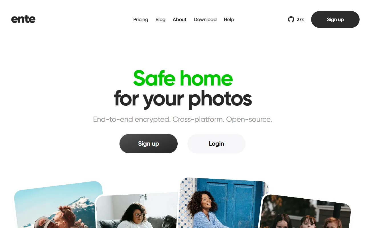 Ente Photos homepage showing encrypted photo storage