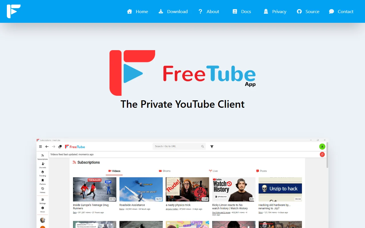 FreeTube homepage showing desktop YouTube client