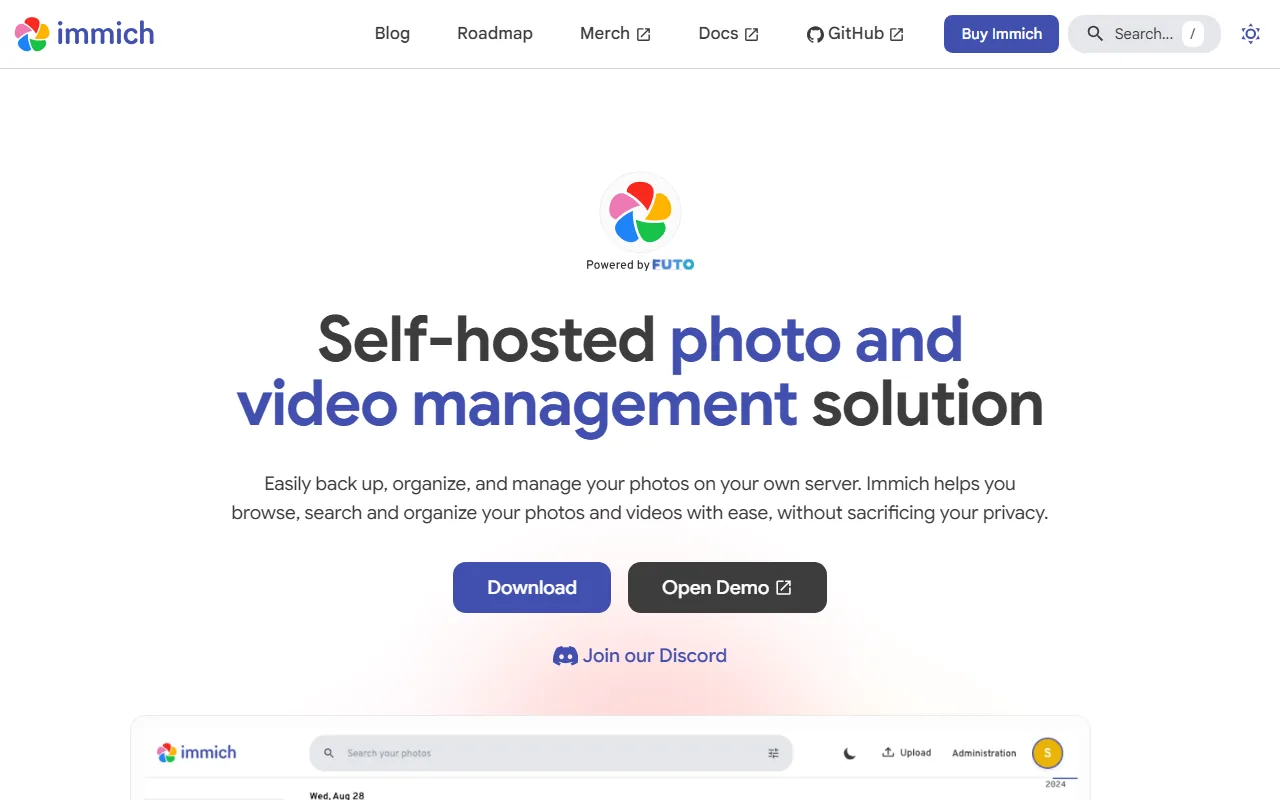 Immich homepage showing self-hosted photo management