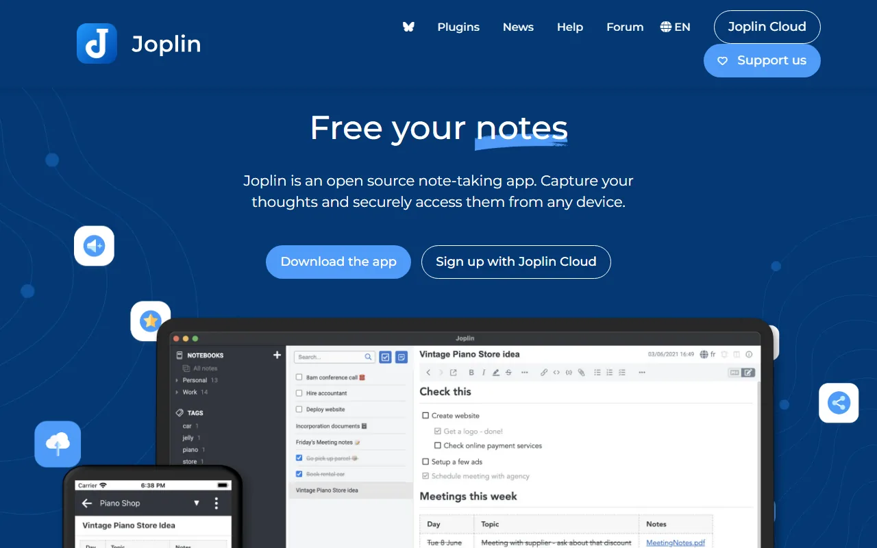 Joplin homepage showing note-taking application