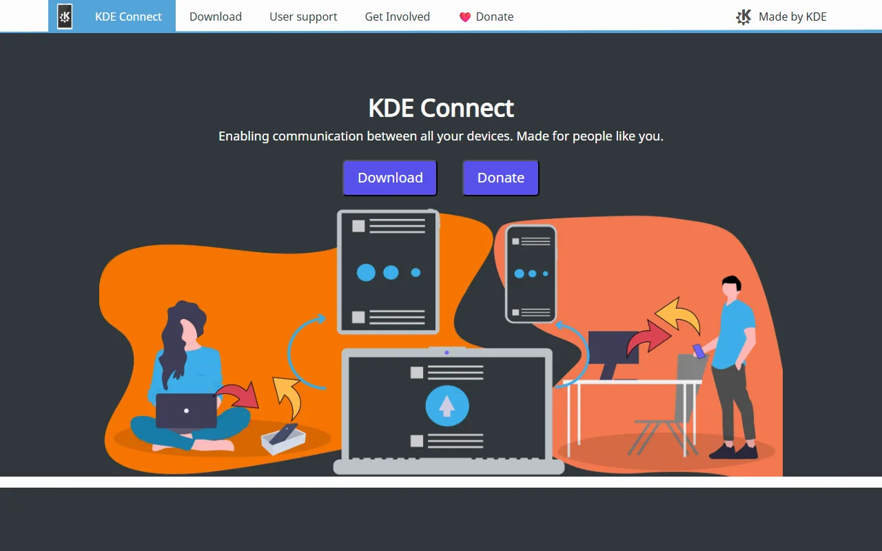 KDE Connect homepage showing device integration