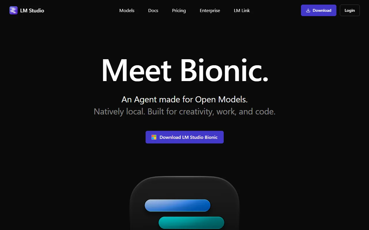 LM Studio homepage showing local AI desktop app
