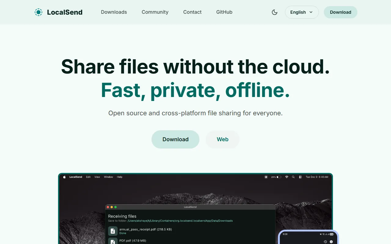 LocalSend homepage showing local network file sharing
