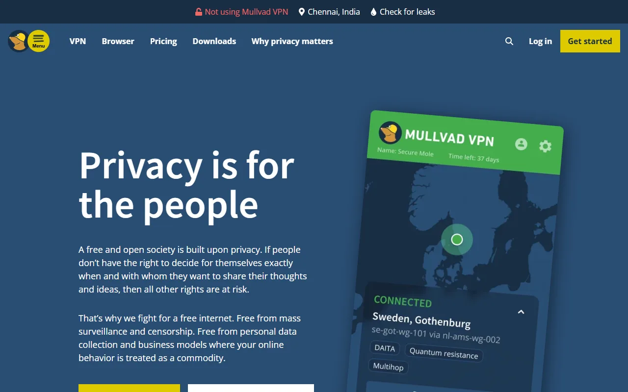 Mullvad VPN homepage showing privacy-focused VPN