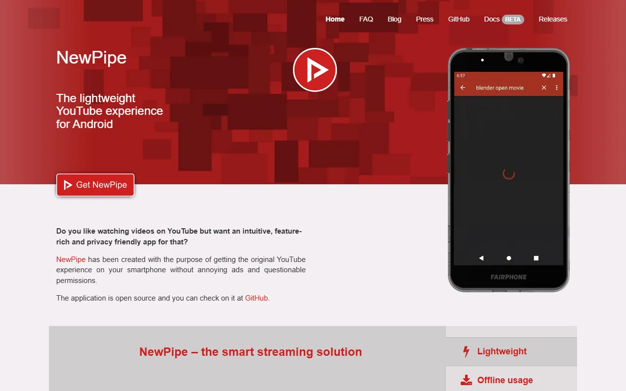 NewPipe homepage showing privacy-friendly YouTube client