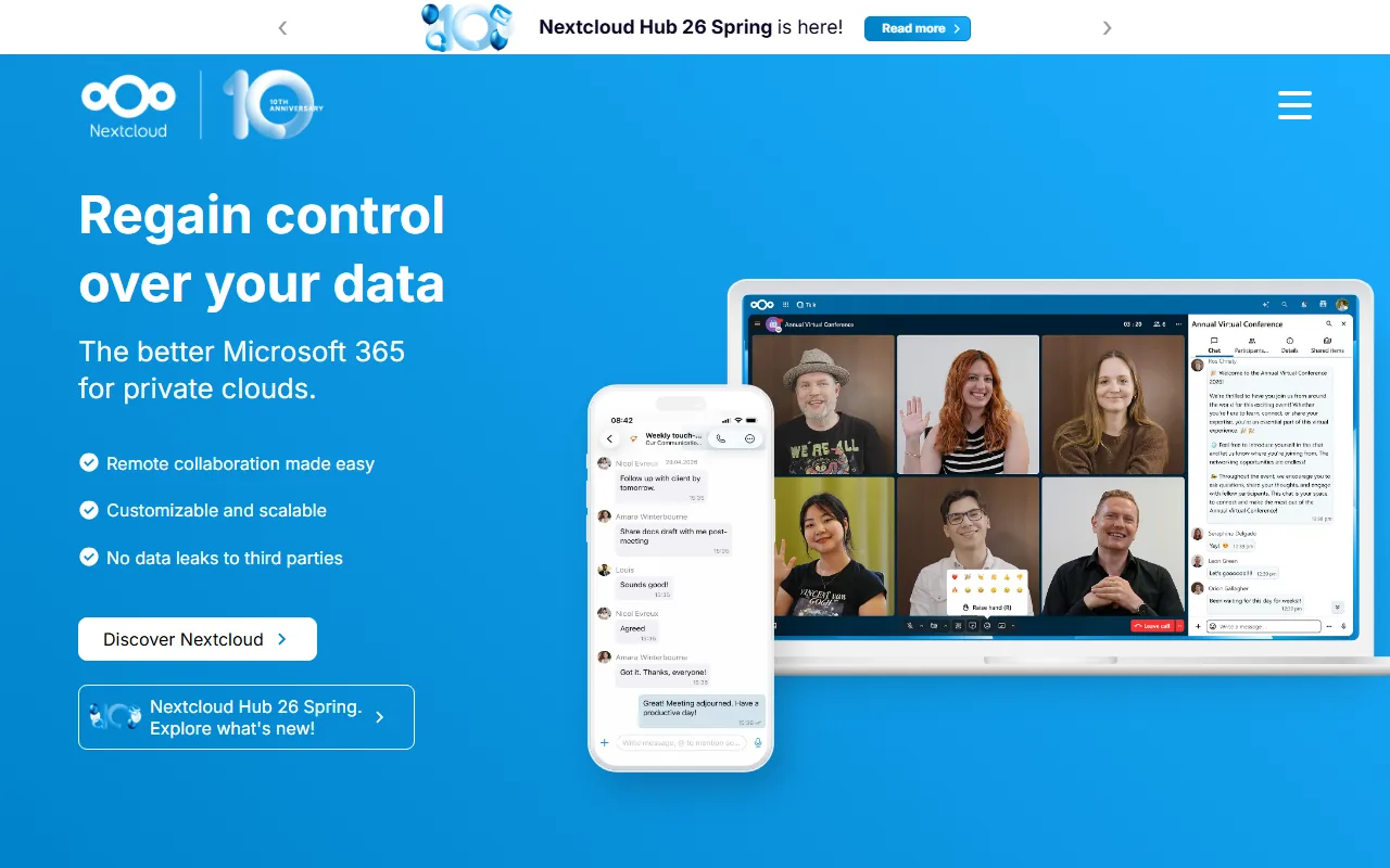 Nextcloud homepage showing self-hosted collaboration suite