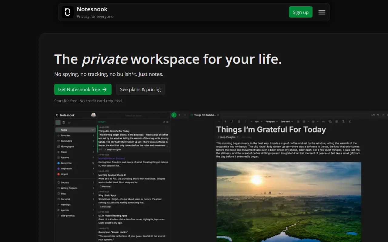 Notesnook homepage showing end-to-end encrypted notes